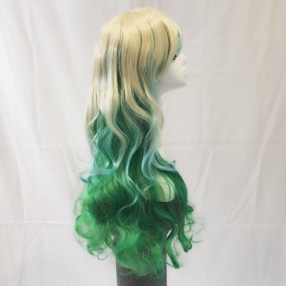New Blonde Turquoise wavy wig with bangs cosplay main image 4